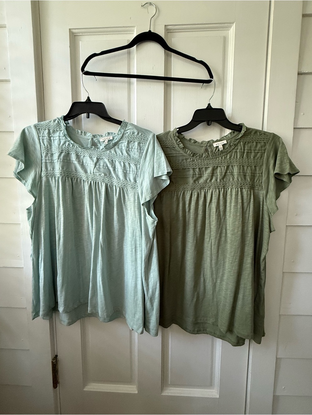 Set of 2!! Ella Moss Flutter Sleeve Lace Yoke Tops in Light Mint and Sage